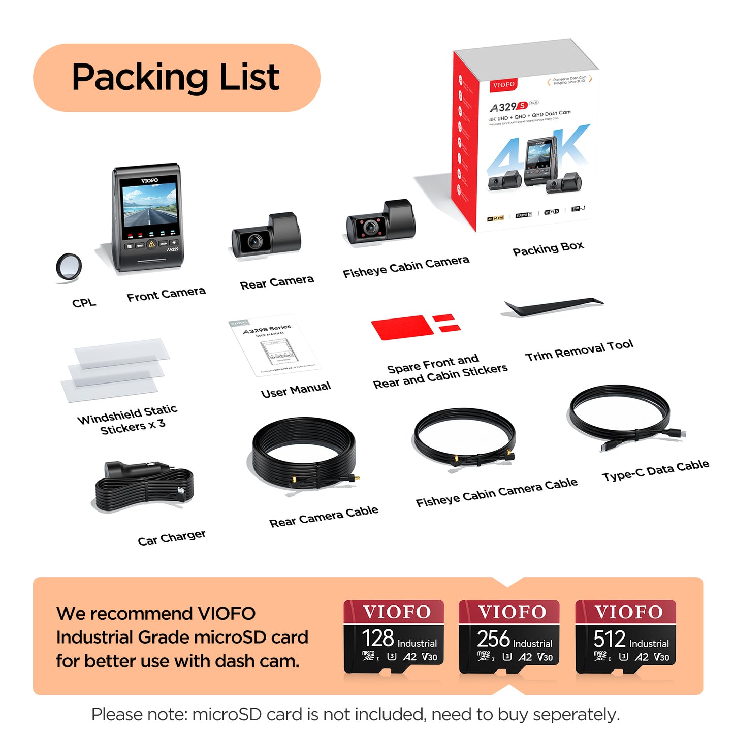 VIOFO A329S 3CH HK6 4K 60FPS UHD + 2K 210-degree FOV Interior Cabin 3-Channel Dash Cam + Hardwire + 128GB Kit