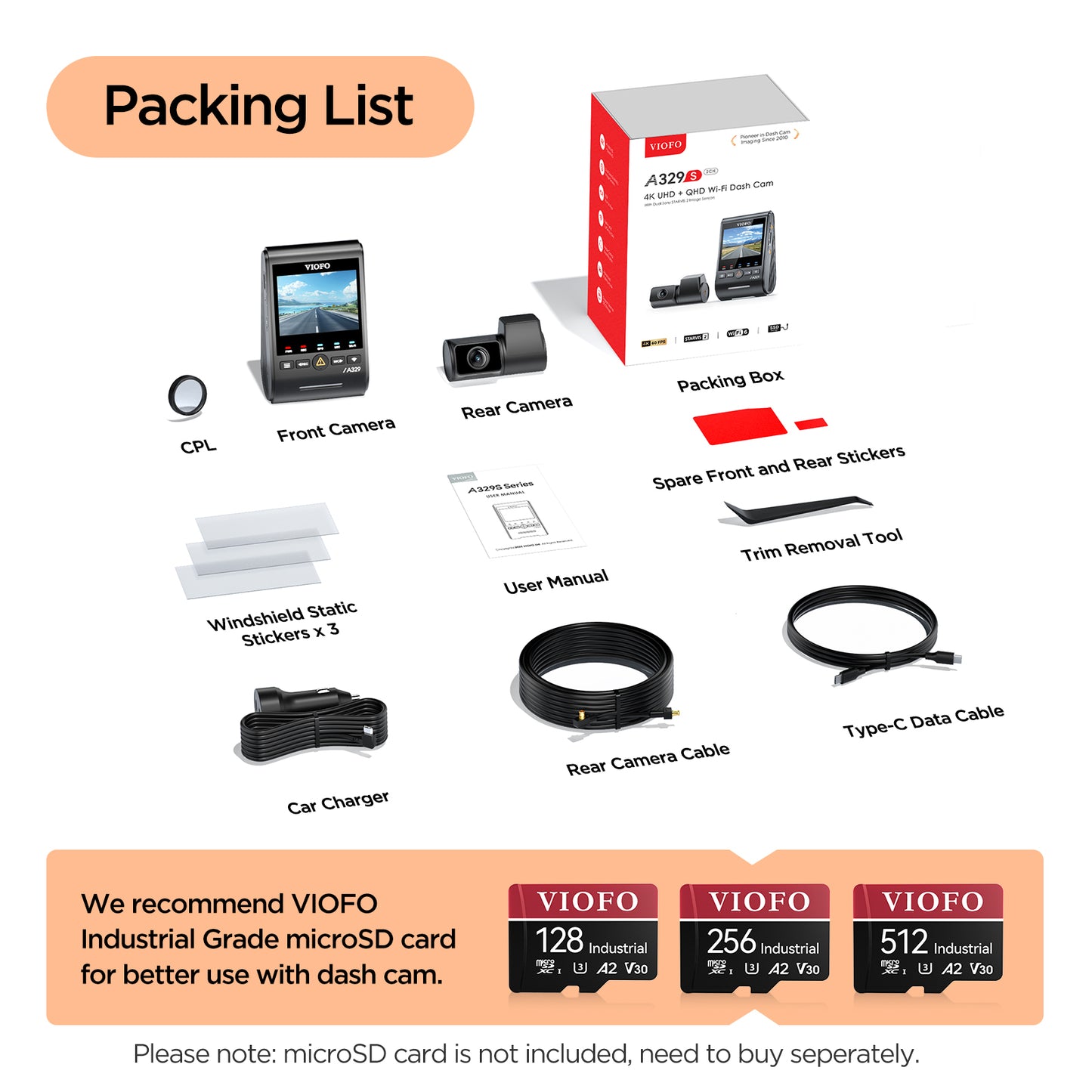 VIOFO A329S 4K 60FPS UHD + 2K 30FPS QHD 2-Channel Dash Cam + HK6 Hardwire + 128GB Kit